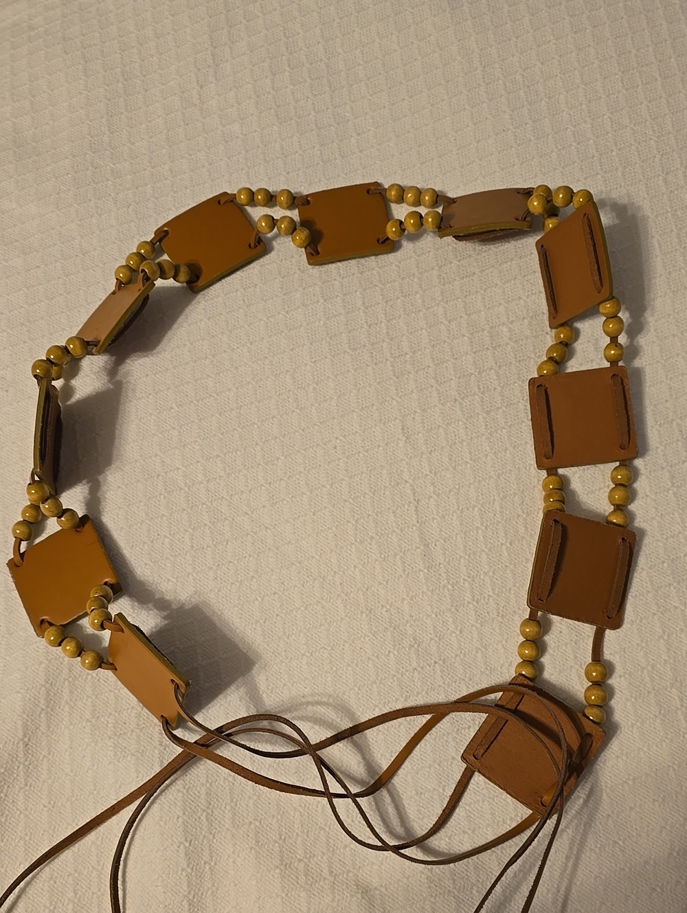 New York & Company Genuine Leather Wood Bead Concho Tie Belt Boho Western